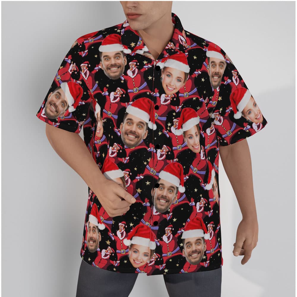 Custom Couple Face Christmas Santa Claus Black Hawaiian Shirt