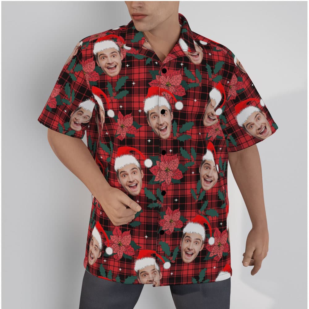 Custom Face Buffalo Plaid Poinsettia Red Christmas Hawaiian Shirt
