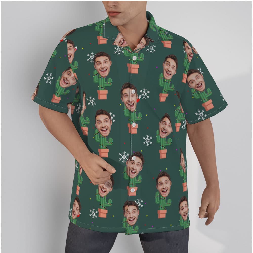 Custom Face Christmas Cactus Green Hawaiian Shirt
