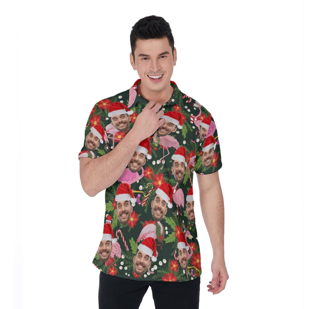 Custom Face Christmas Flamingo Tropical Hawaiian Polo Shirt