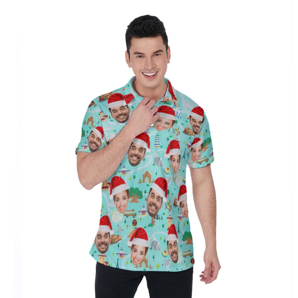 Custom Face Christmas Magic Park Green Hawaiian Polo Shirt
