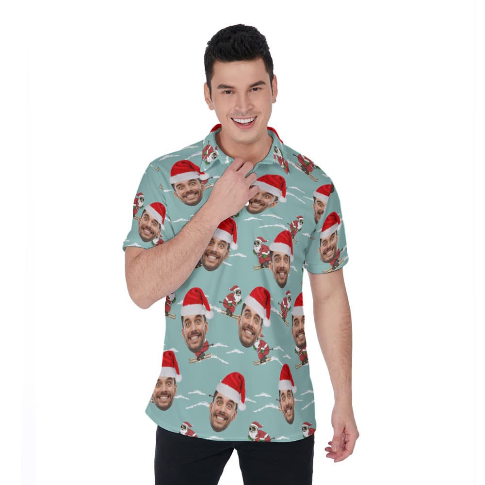 Custom Face Christmas Santa Skiing Blue Hawaiian Polo Shirt For Men