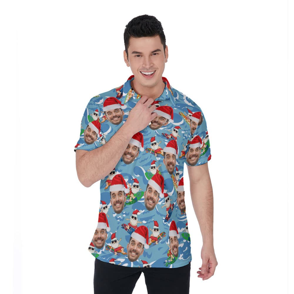 Custom Face Christmas Santa Surfing Blue Hawaiian Polo Shirt For Men