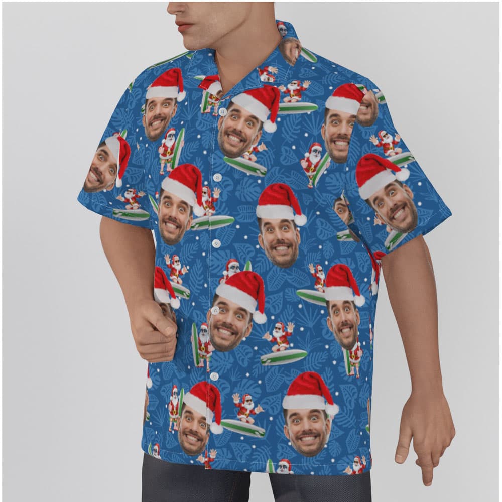 Custom Face Christmas Santa Surfing Navy Men's Hawaiian Shirt