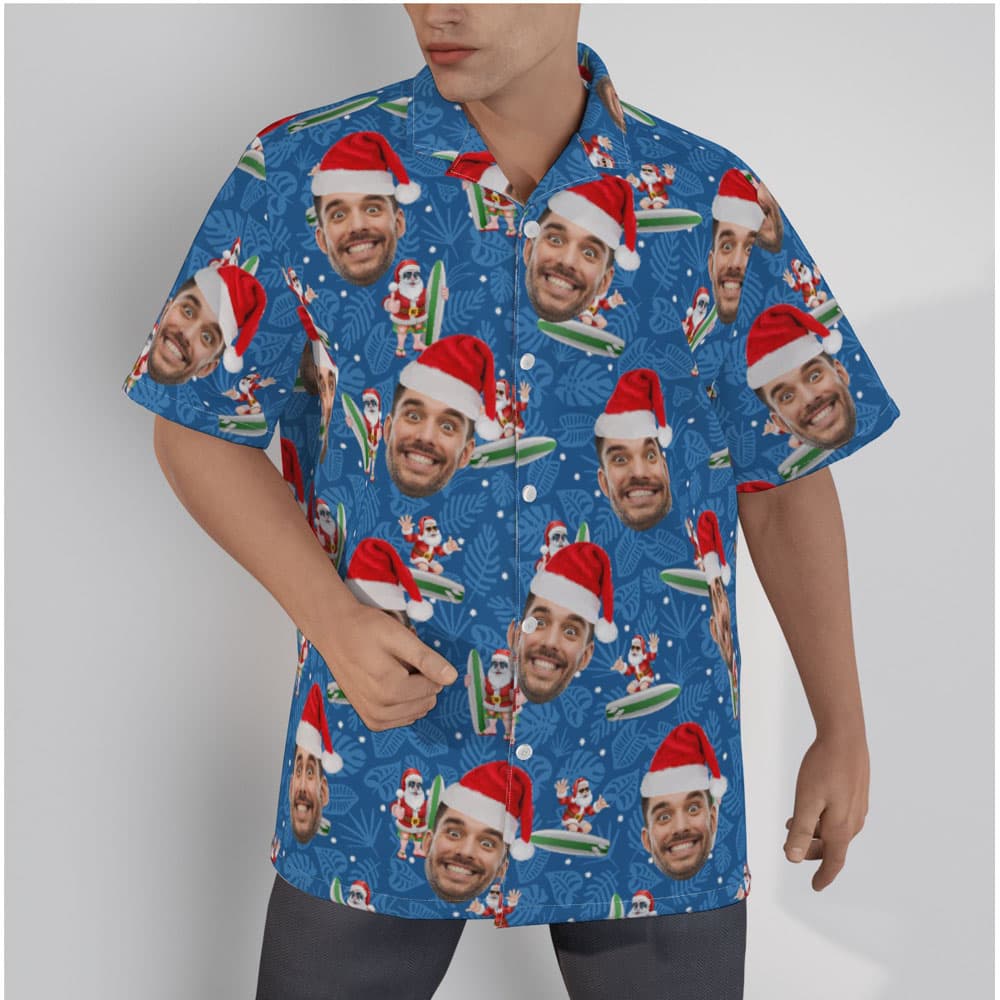 Custom Face Christmas Santa Surfing Navy Men's Hawaiian Shirt