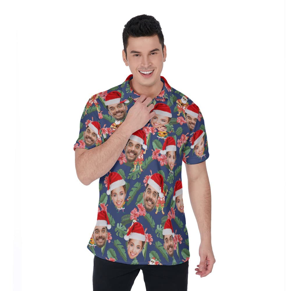 Custom Face Classic Santa Ukulele Floral Hawaiian Polo Shirt