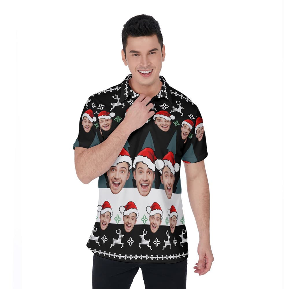 Custom Face Hawaiian Polo Shirt With Ugly Christmas Patterns