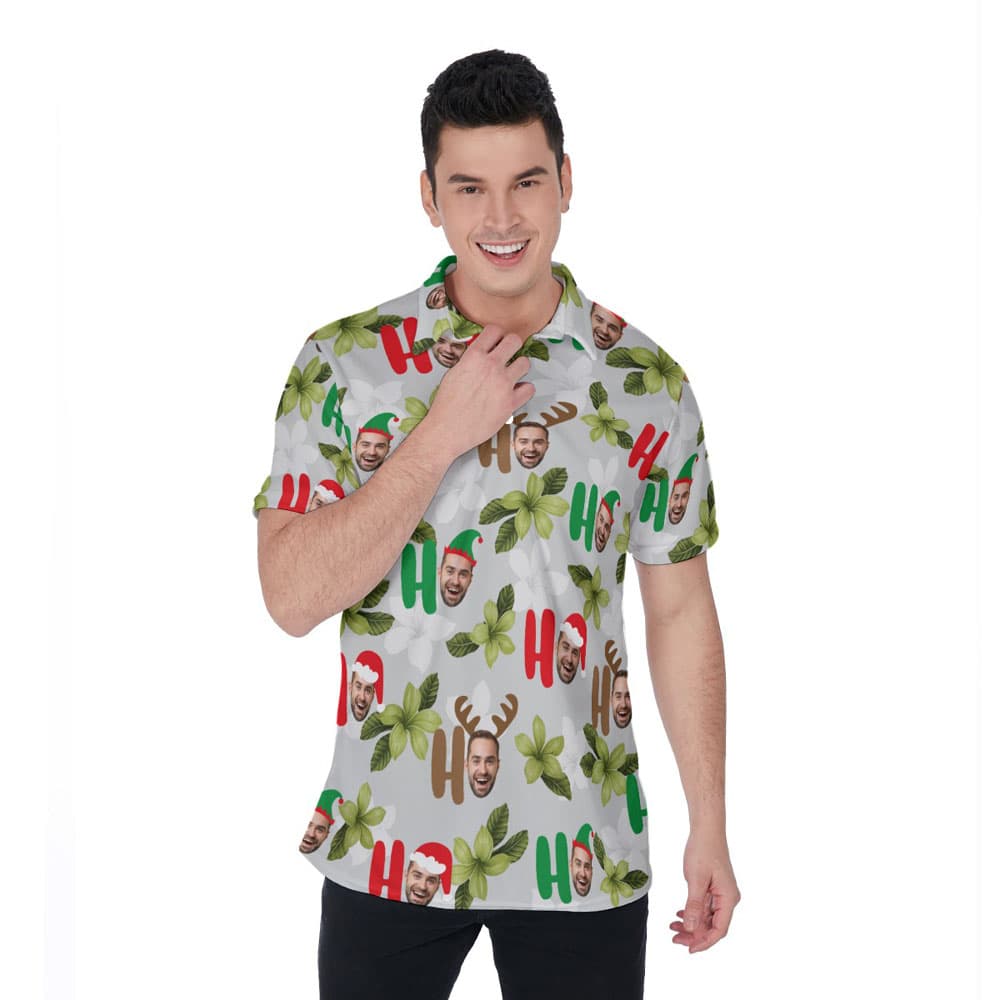 Custom Face Ho Ho Ho Floral Christmas Hawaiian Polo Shirt For Men
