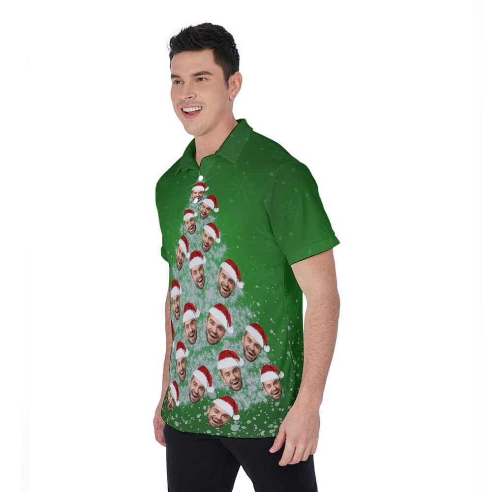 Custom Face On Christmas Tree Green Hawaiian Polo Shirt