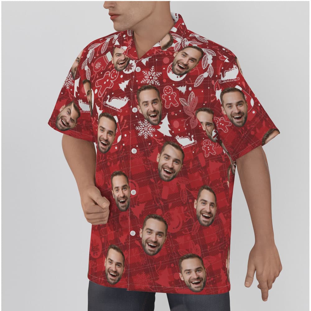 Custom Face Vintage Christmas Ginger Bread Red Hawaiian Shirt