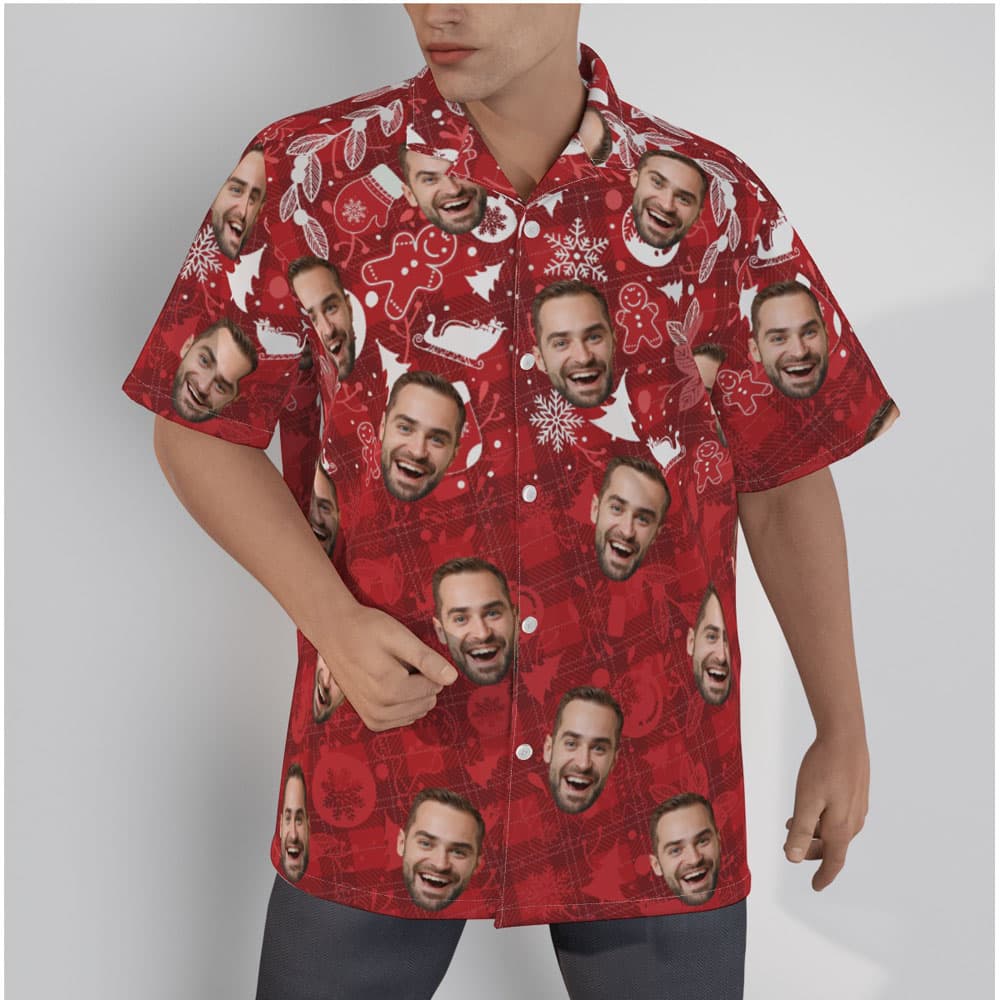 Custom Face Vintage Christmas Ginger Bread Red Hawaiian Shirt