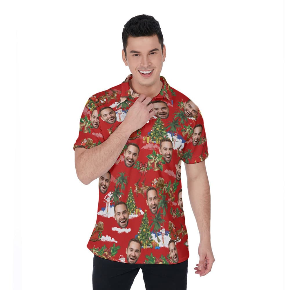 Custom Face Vintage Santa Christmas Red Hawaiian Polo Shirt For Men