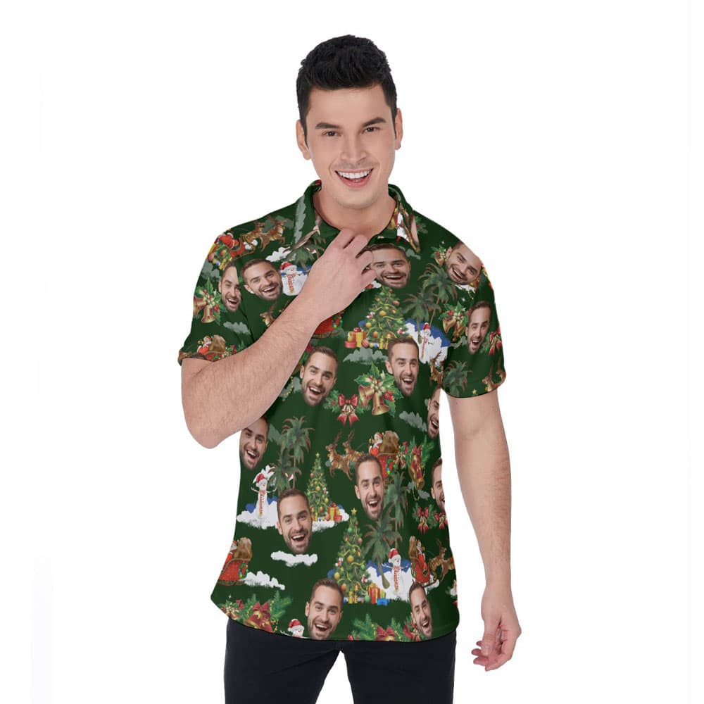 Custom Face Vintage Santa Claus Christmas Green Hawaiian Polo Shirt
