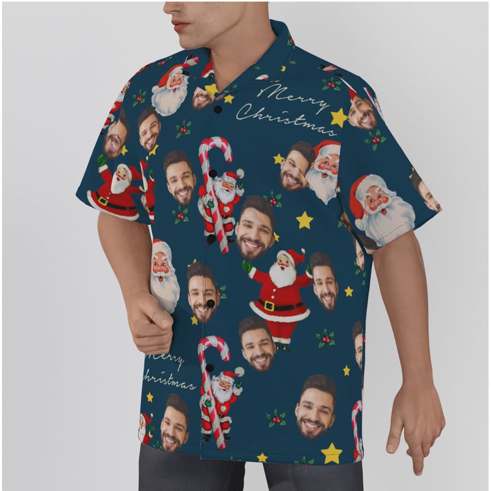 Custom Face Vintage Santa Claus With Candy Cane Christmas Navy Hawaiian Shirt