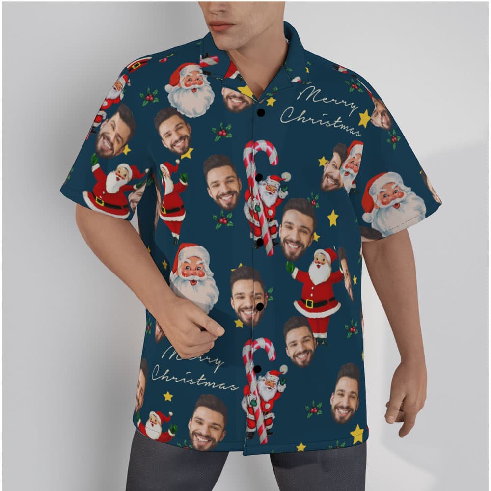 Custom Face Vintage Santa Claus With Candy Cane Christmas Navy Hawaiian Shirt