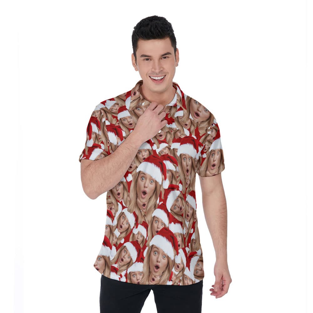Custom Multiple Faces Christmas Hawaiian Polo Shirt For Men