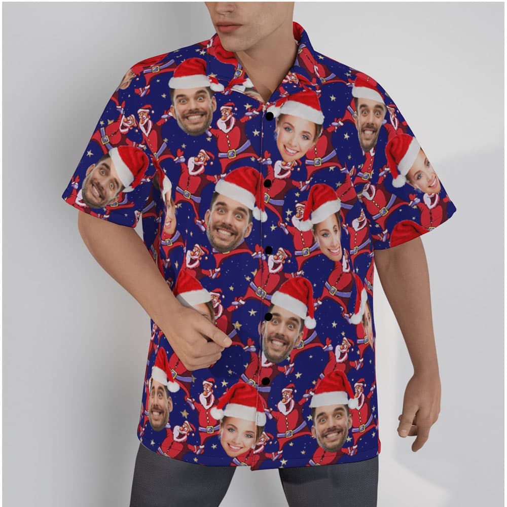 Custom Multiple Faces Christmas Santa Navy Hawaiian Shirt