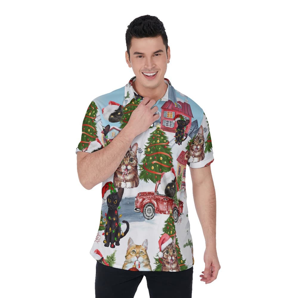 Cute Christmas Cat Hawaiian Polo Golf Shirt For Men