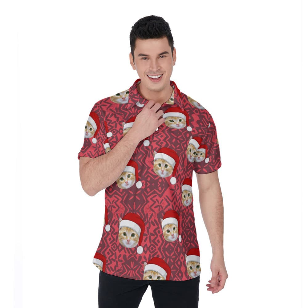 Cute Custom Xmas Vintage Hawaiian Polo Shirt With Cat Face