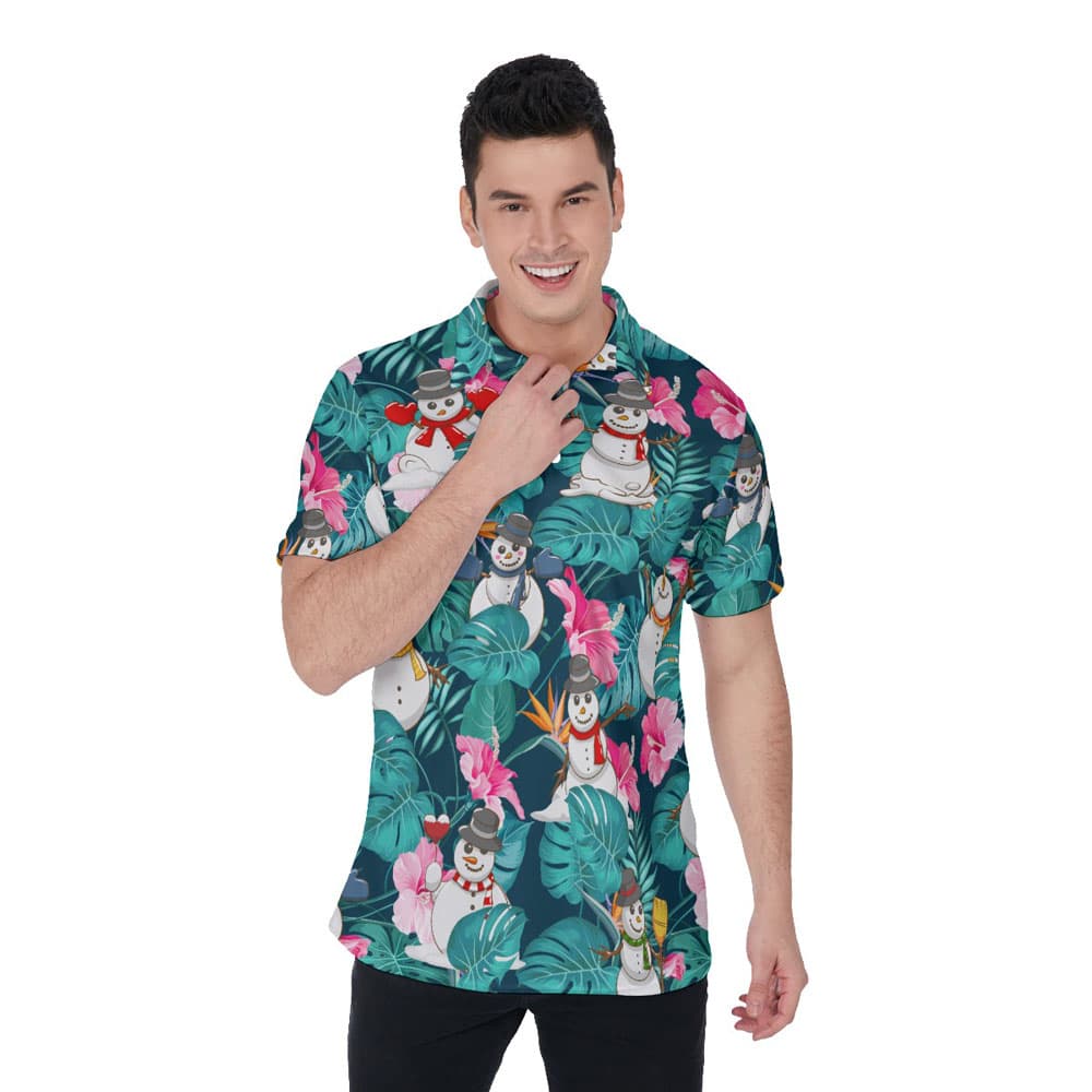 Cute Snowman Christmas Floral Hawaiian Polo Shirt For Men