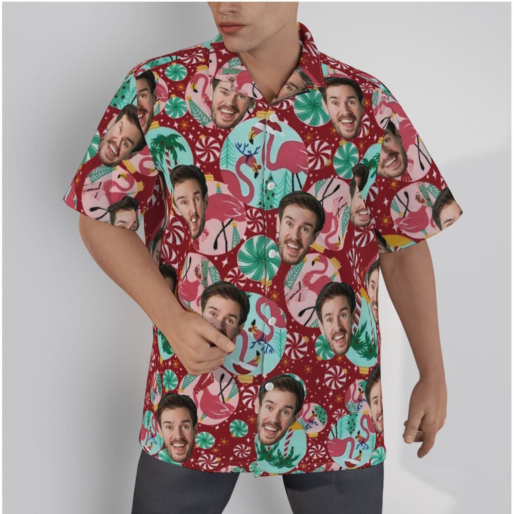 Flamingo Holiday Christmas Hawaiian Shirt With Custom Face