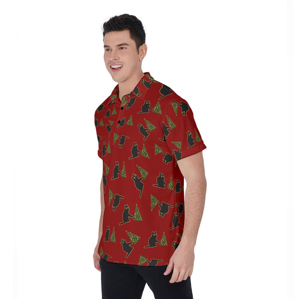 Funny Black Cat Wreak The Tree Christmas Red Hawaiian Polo Shirt