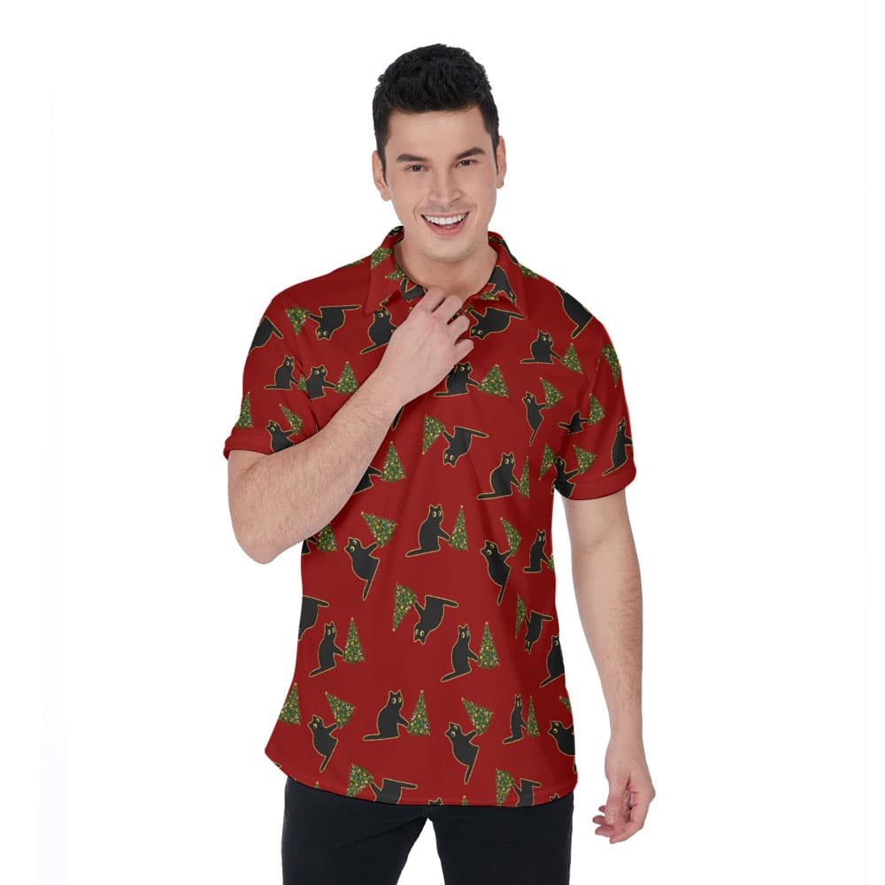 Funny Black Cat Wreak The Tree Christmas Red Hawaiian Polo Shirt