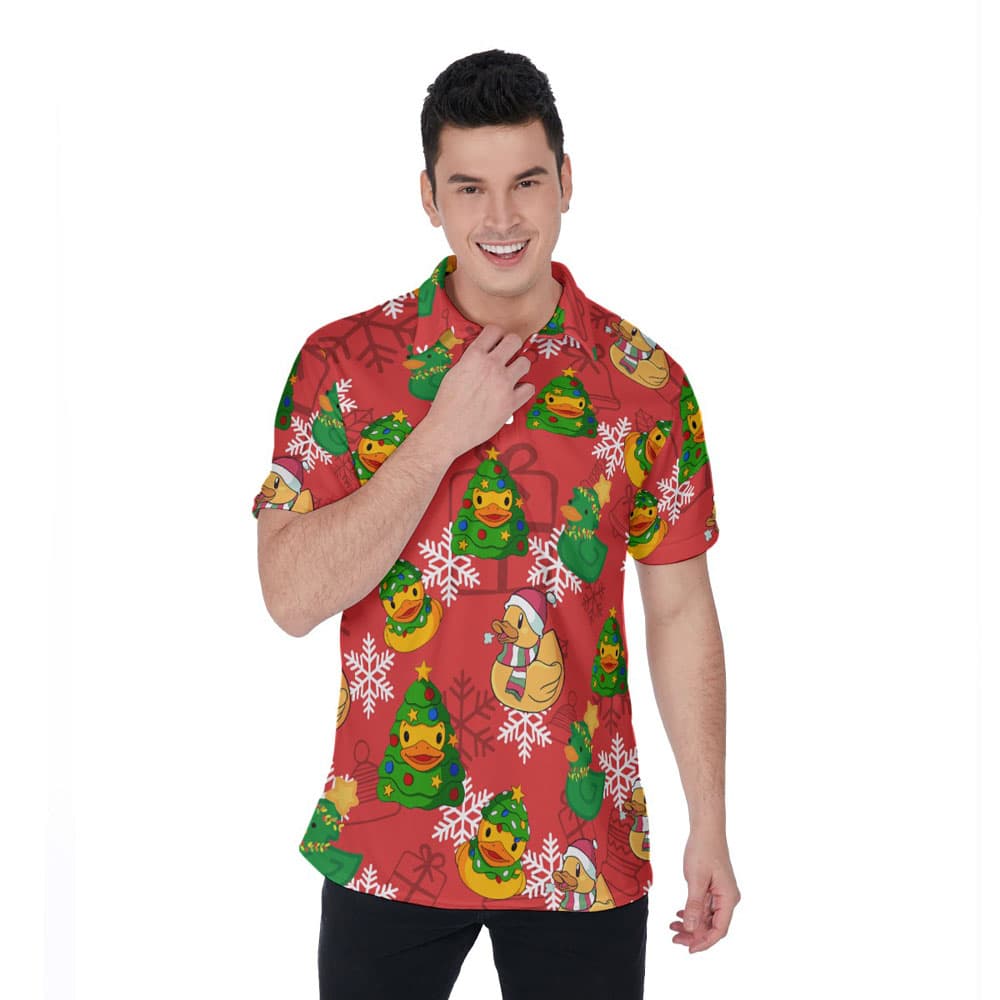 Funny Christmas Rubber Duck Hawaiian Polo Golf Shirt For Men