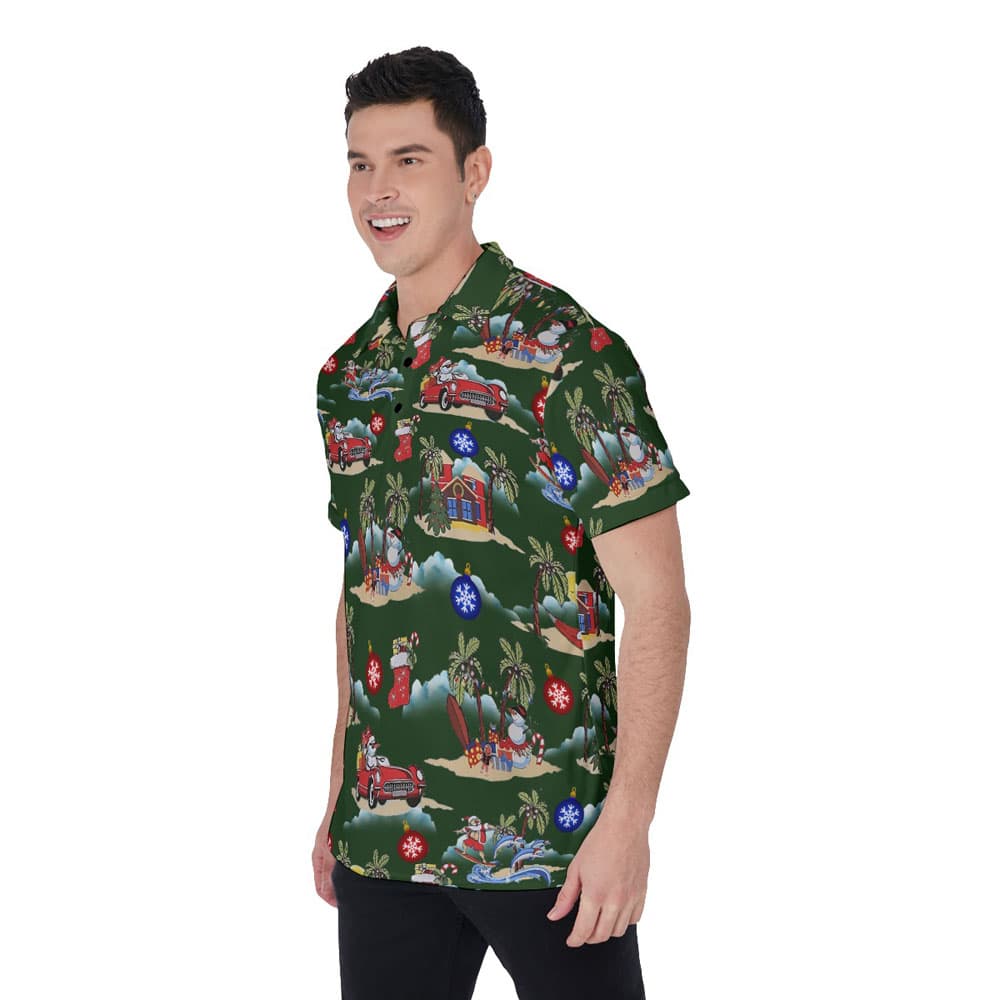 Funny Christmas Santa And Snowman On Beach Hawaiian Polo Shirt