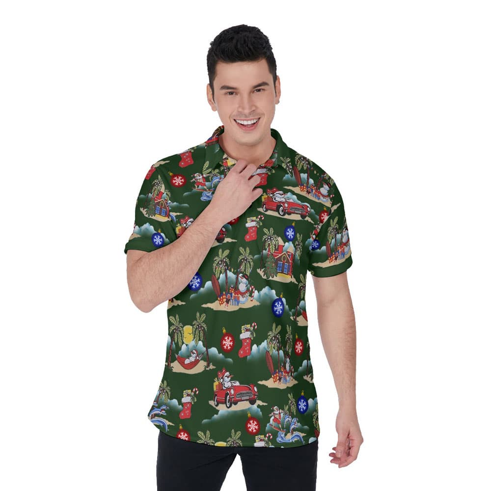 Funny Christmas Santa And Snowman On Beach Hawaiian Polo Shirt