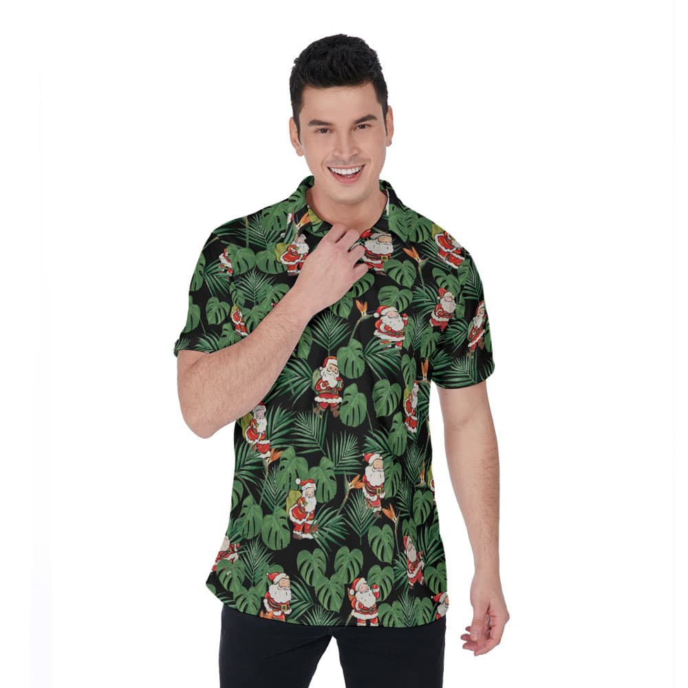 Funny Christmas Santa Claus Tropical Hawaiian Polo Golf Shirt For Men