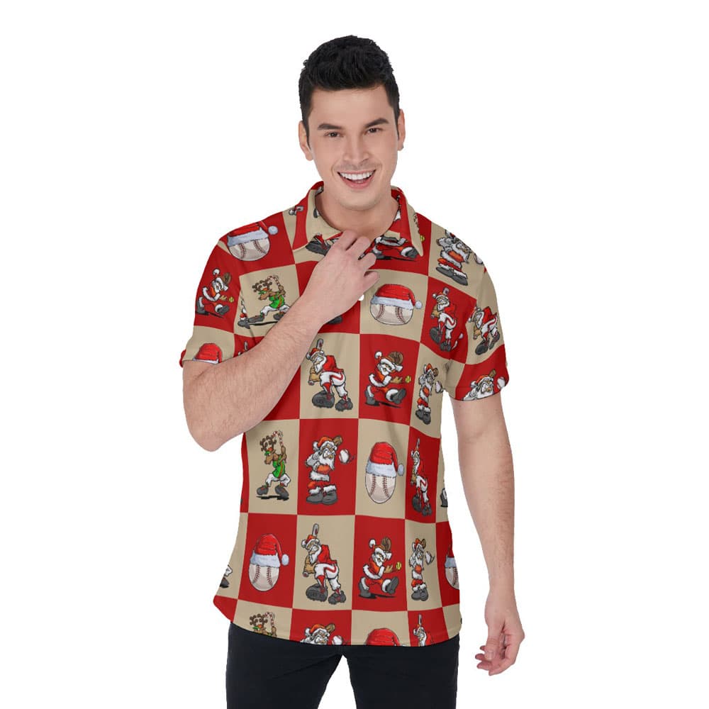 Funny Christmas Santa Playing Baseball Christmas Hawaiian Polo Shirt For Men