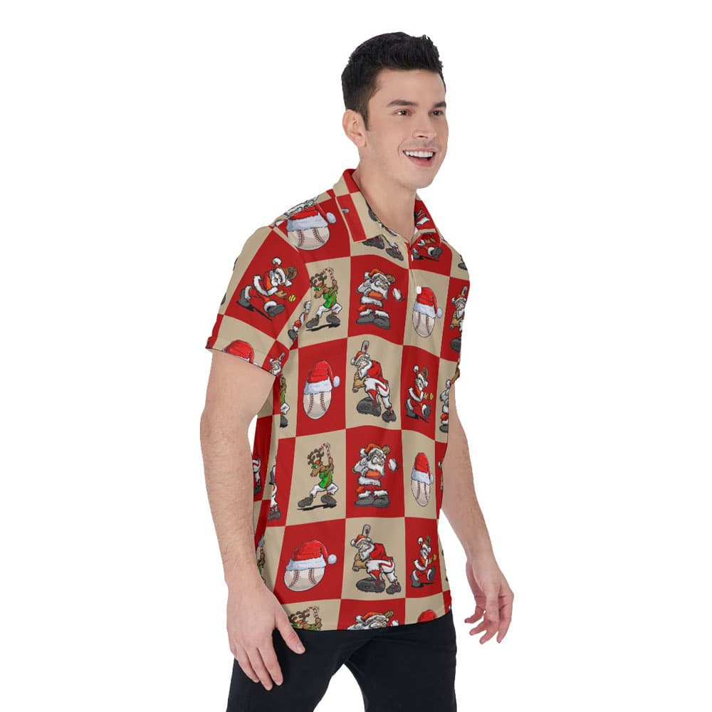 Funny Christmas Santa Playing Baseball Christmas Hawaiian Polo Shirt For Men