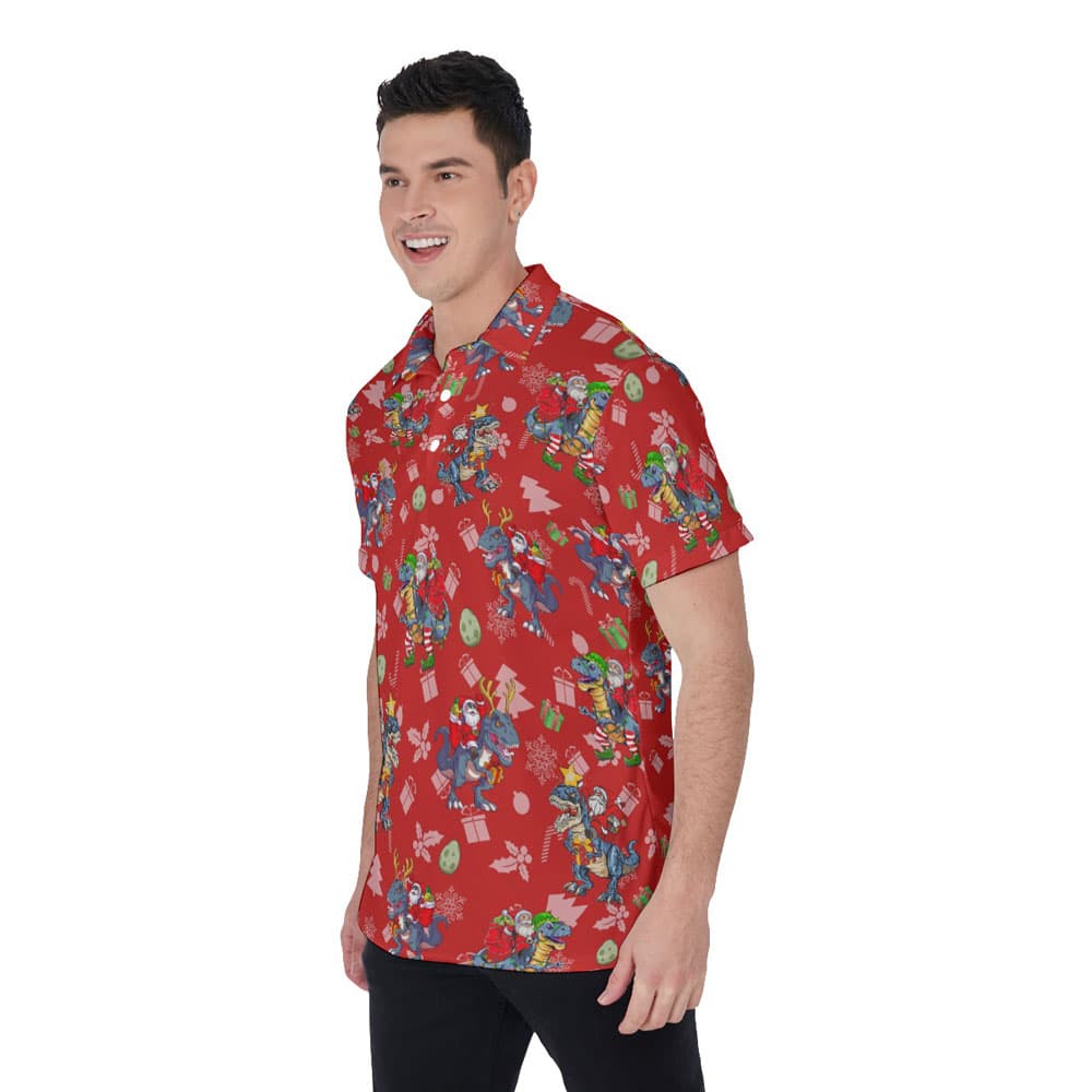 Funny Christmas Santa Riding Dinosaur Hawaiian Polo Shirt
