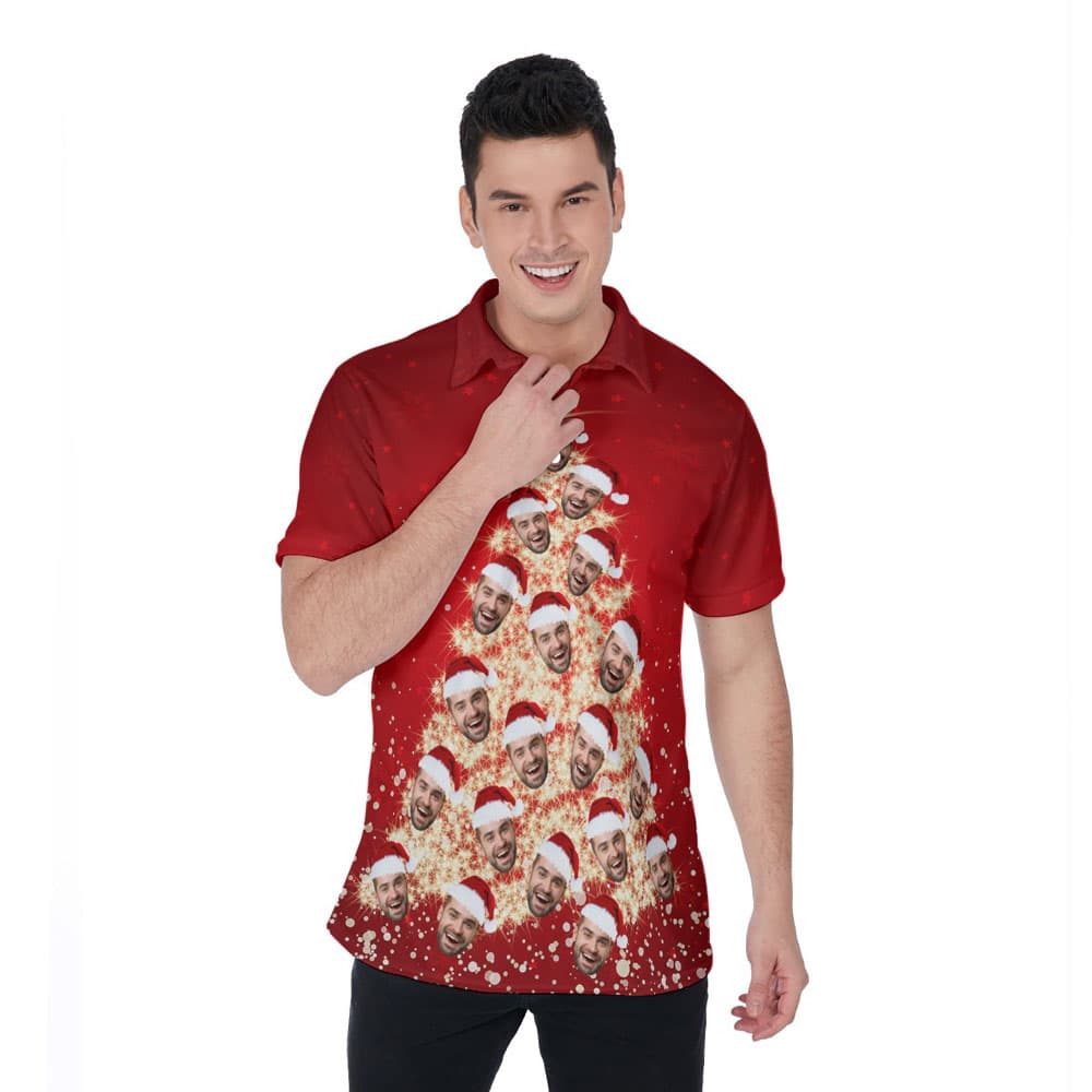 Funny Christmas Tree With Custom Face Hawaiian Polo Shirt