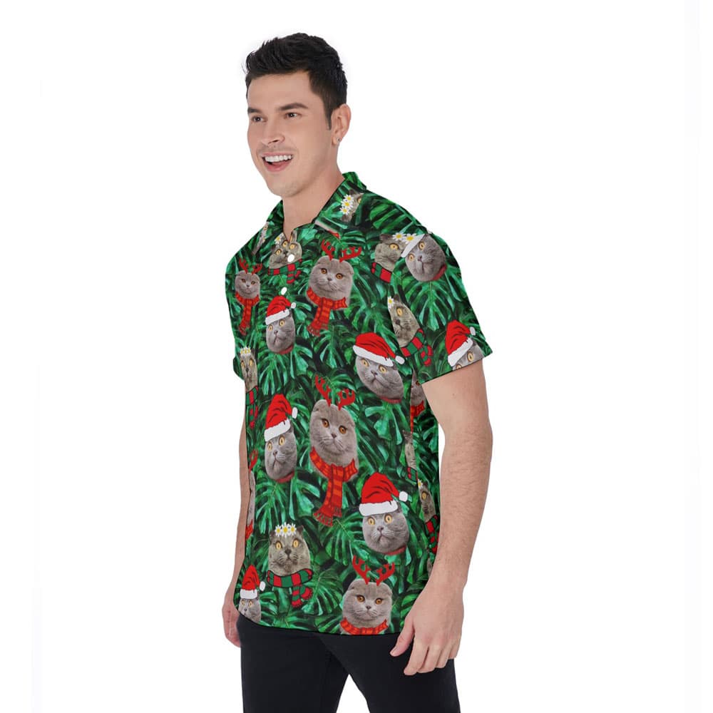 Funny Custom Cat Face Tropical Christmas Hawaiian Polo Shirt