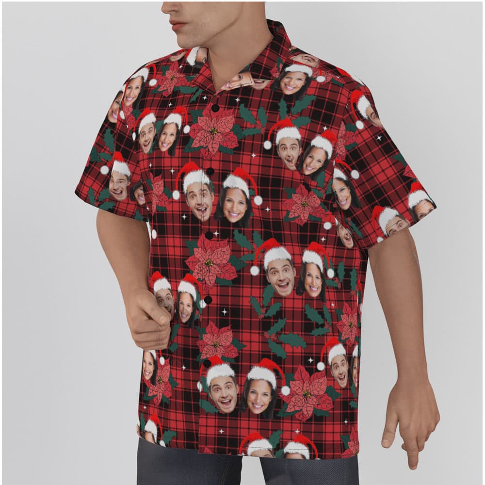 Funny Custom Christmas Buffalo Plaid Hawaiian Shirt With Couple Faces