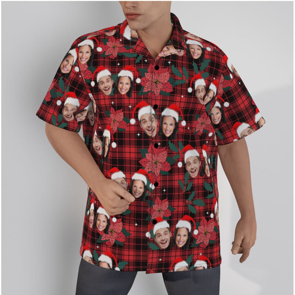 Funny Custom Christmas Buffalo Plaid Hawaiian Shirt With Couple Faces