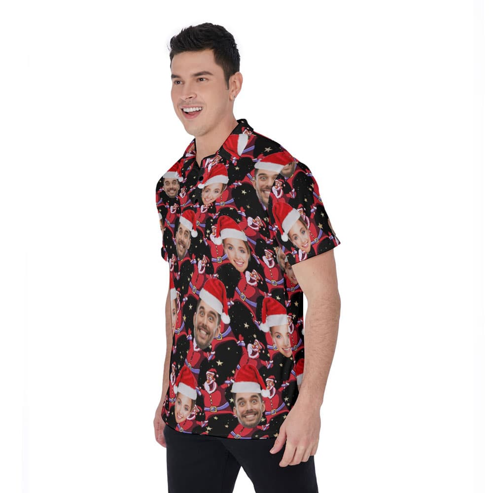 Funny Custom Couple Faces Xmas Santa Black Hawaiian Polo Shirt For MenFunny Custom Couple Faces Xmas Santa Black Hawaiian Polo Shirt For Men