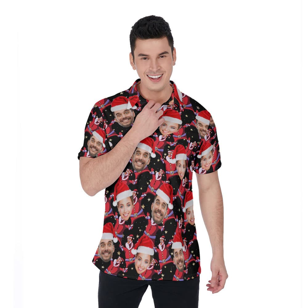 Funny Custom Couple Faces Xmas Santa Black Hawaiian Polo Shirt For Men