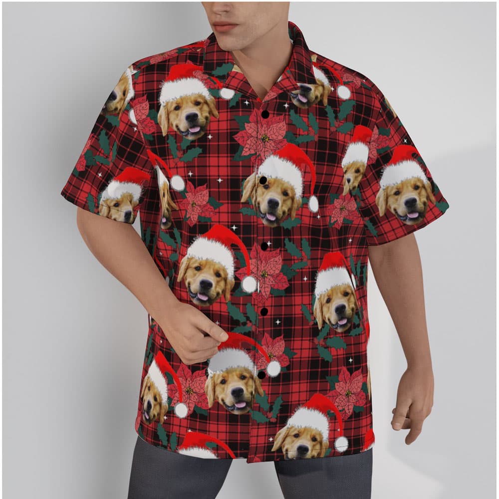 Funny Custom Dog Face Christmas Floral Buffalo Plaid Hawaiian Shirt