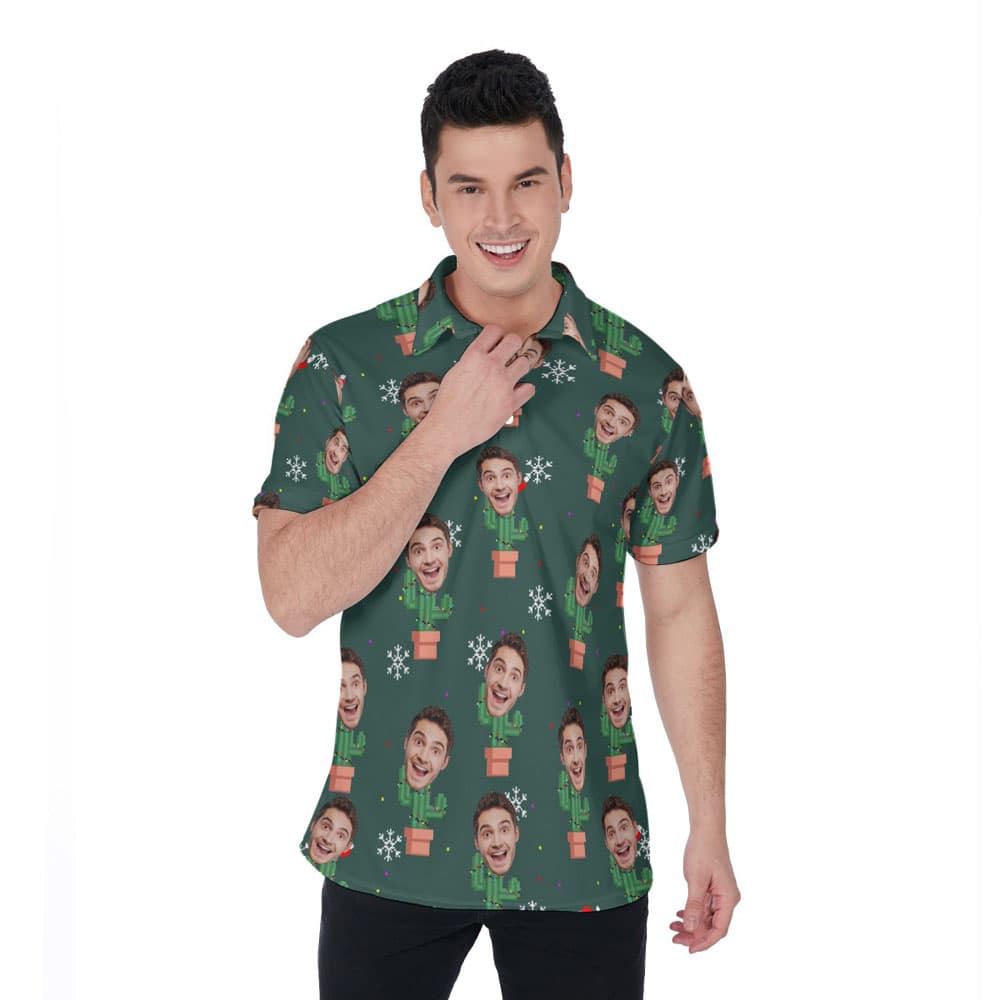 Funny Custom Face Christmas Cactus Hawaiian Polo Shirt For Men