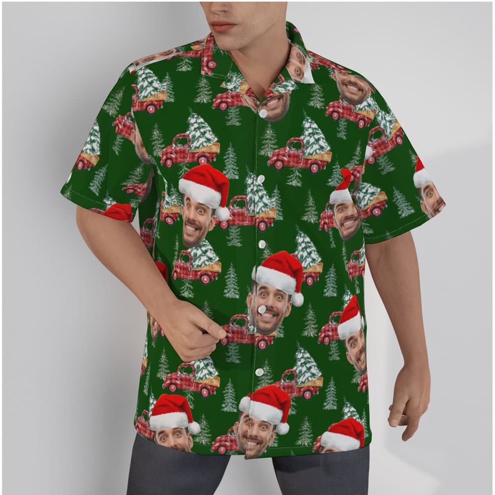 Funny Custom Face Christmas Car Green Hawaiian Shirt
