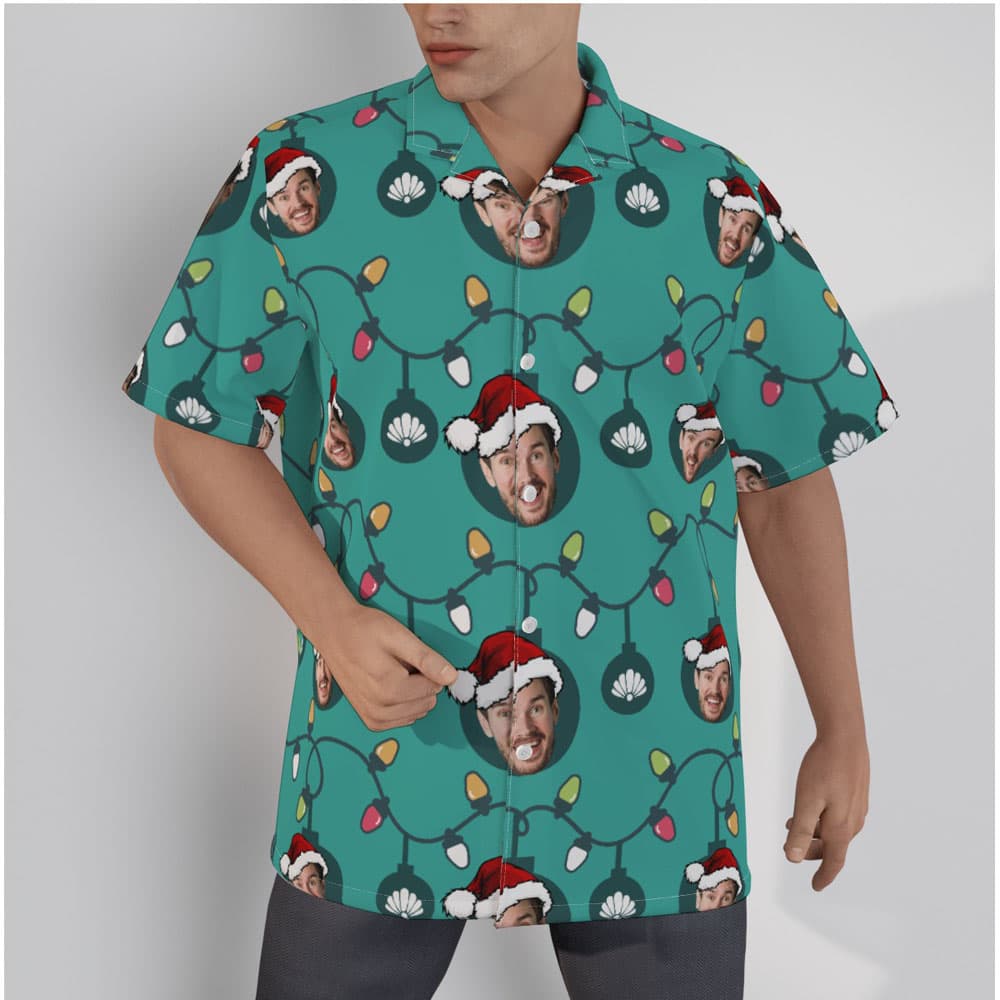 A Short-sleeved Hawaiian Shirt for Men with Christmas Light Bulbs Green Background