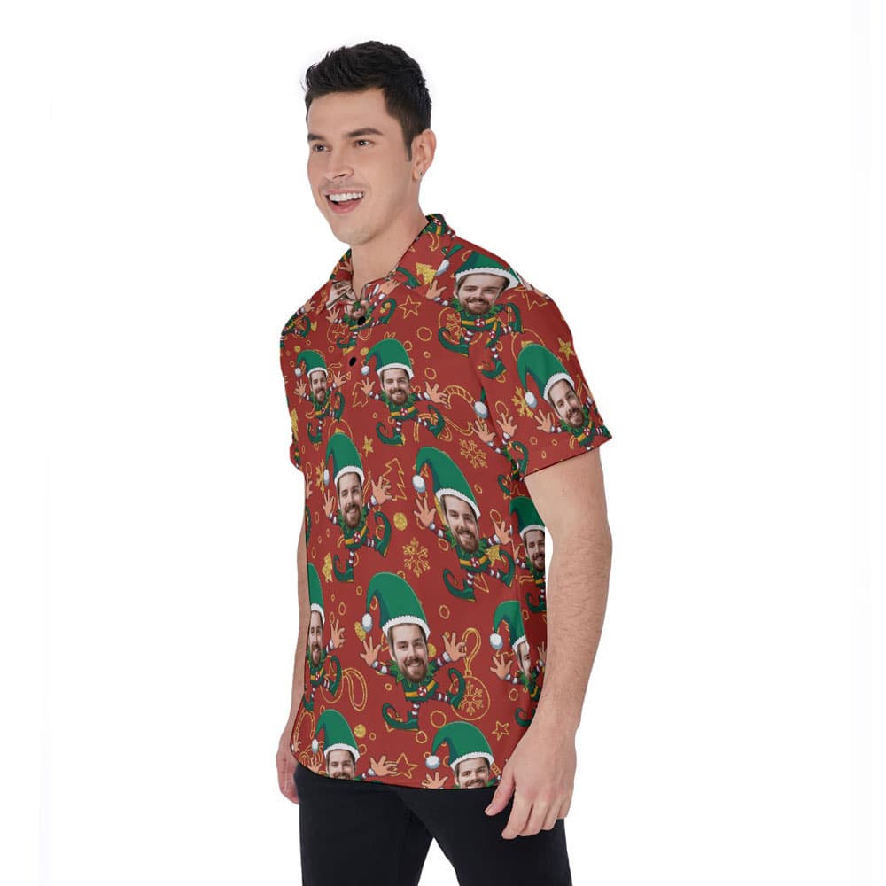 Funny Custom Face Christmas Elf Hawaiian Polo Shirt For Men