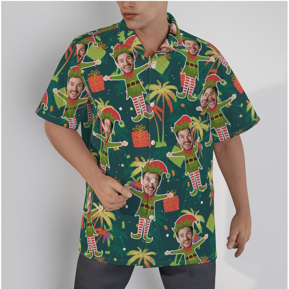 Funny Custom Face Christmas Elf Palm Tree Hawaiian Shirt
