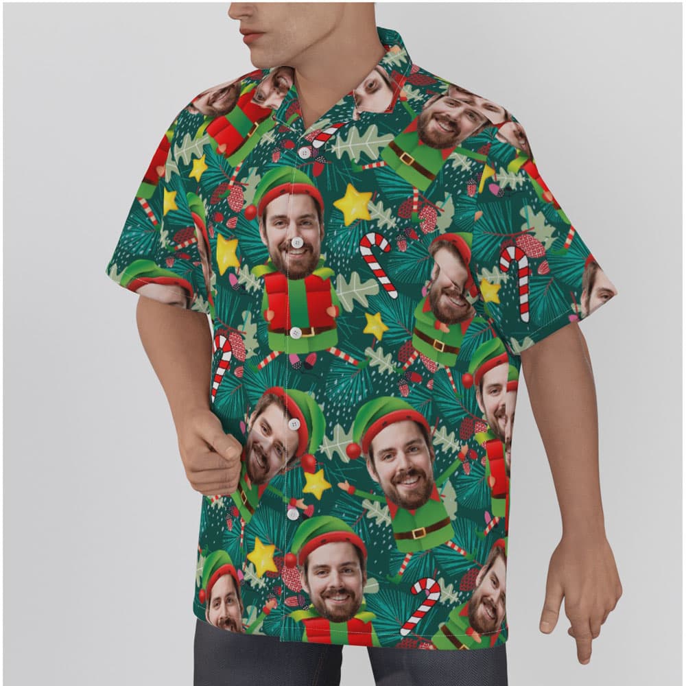 Funny Custom Face Christmas Elf Tropical Hawaiian Shirt
