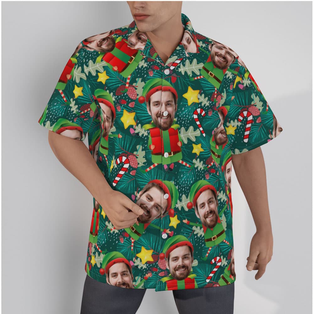 Funny Custom Face Christmas Elf Tropical Hawaiian Shirt