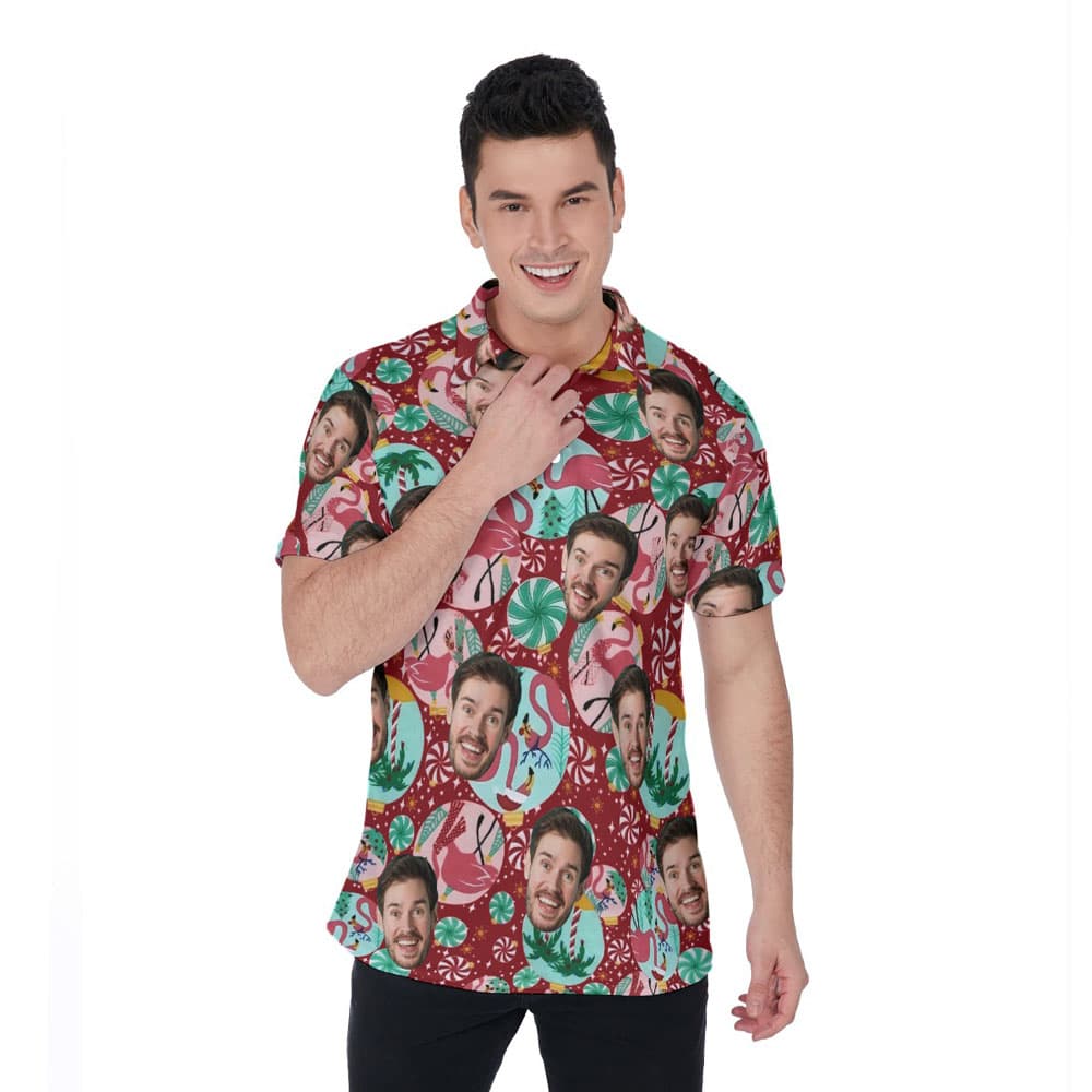 Funny Custom Face Christmas Flamingo Hawaiian Polo Shirt For Men