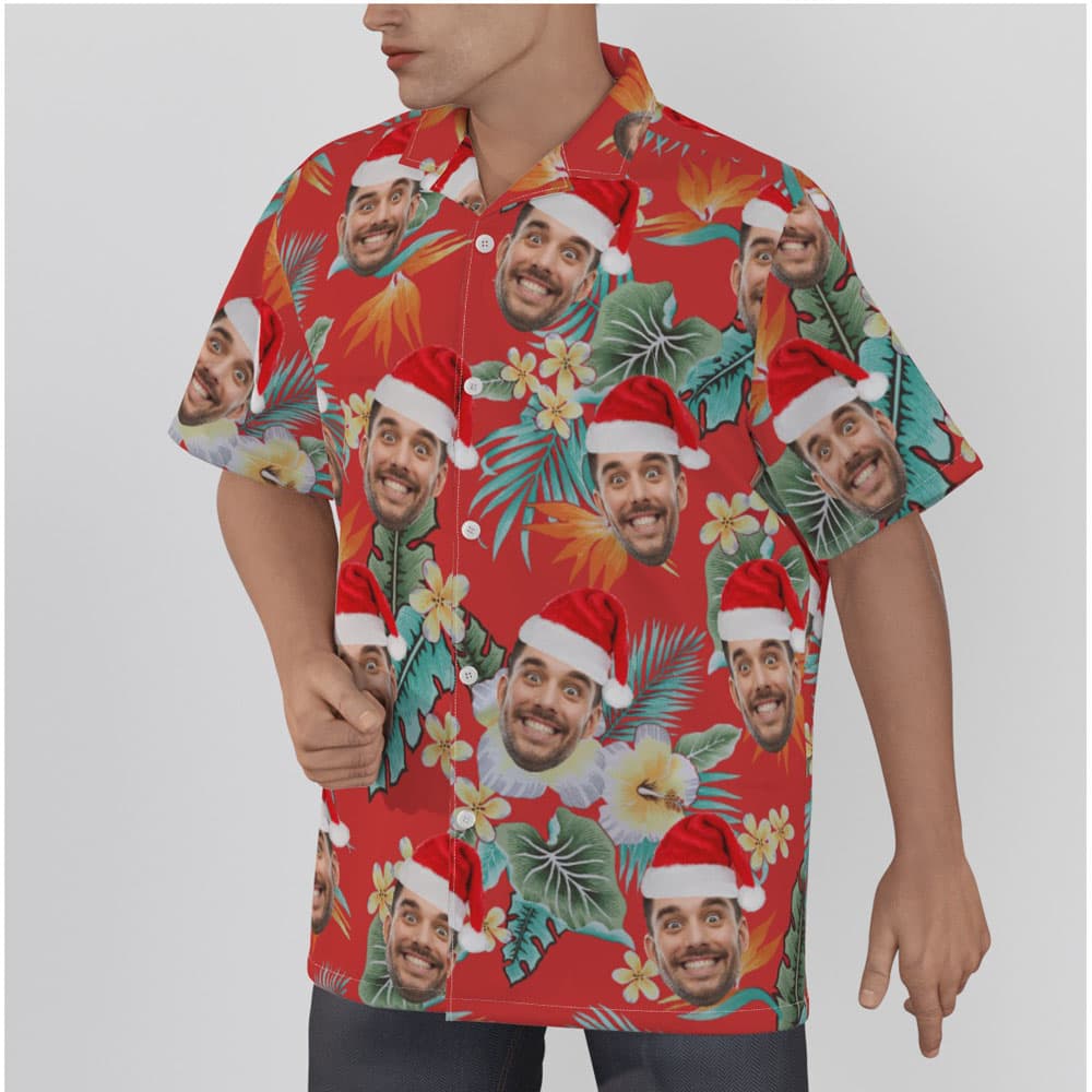 Funny Custom Face Christmas Floral Red Hawaiian Shirt